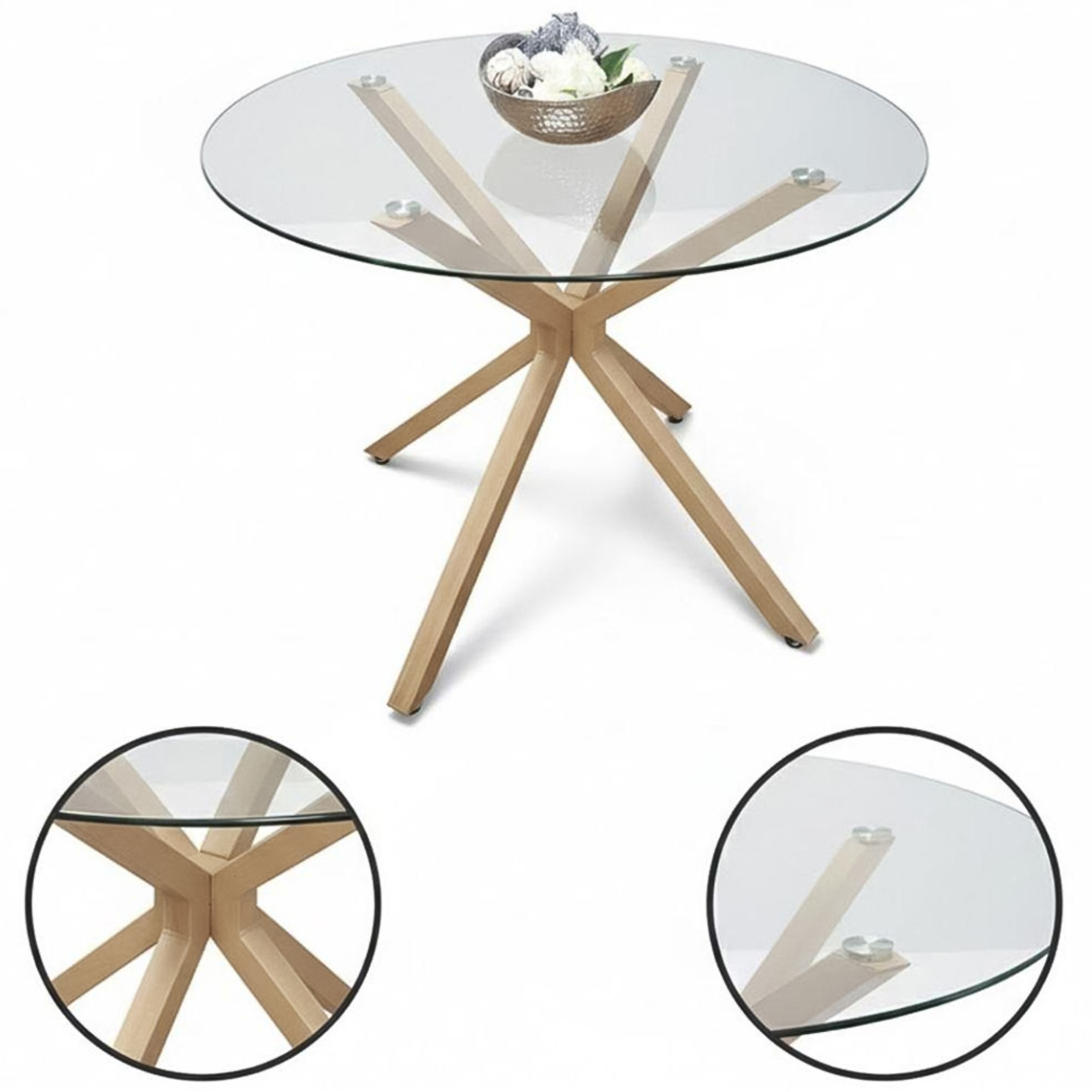 Portland 4 Seater Faux Leather Glass Tabletop Round Dining Set Black Image 3