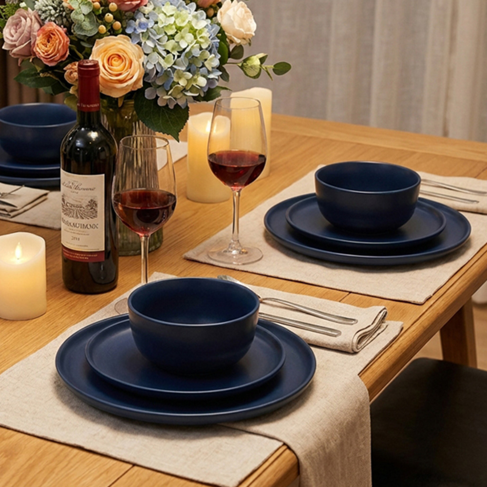 Waterside Solid Deep Blue Lipped 12 Piece Dinner Set Image 2