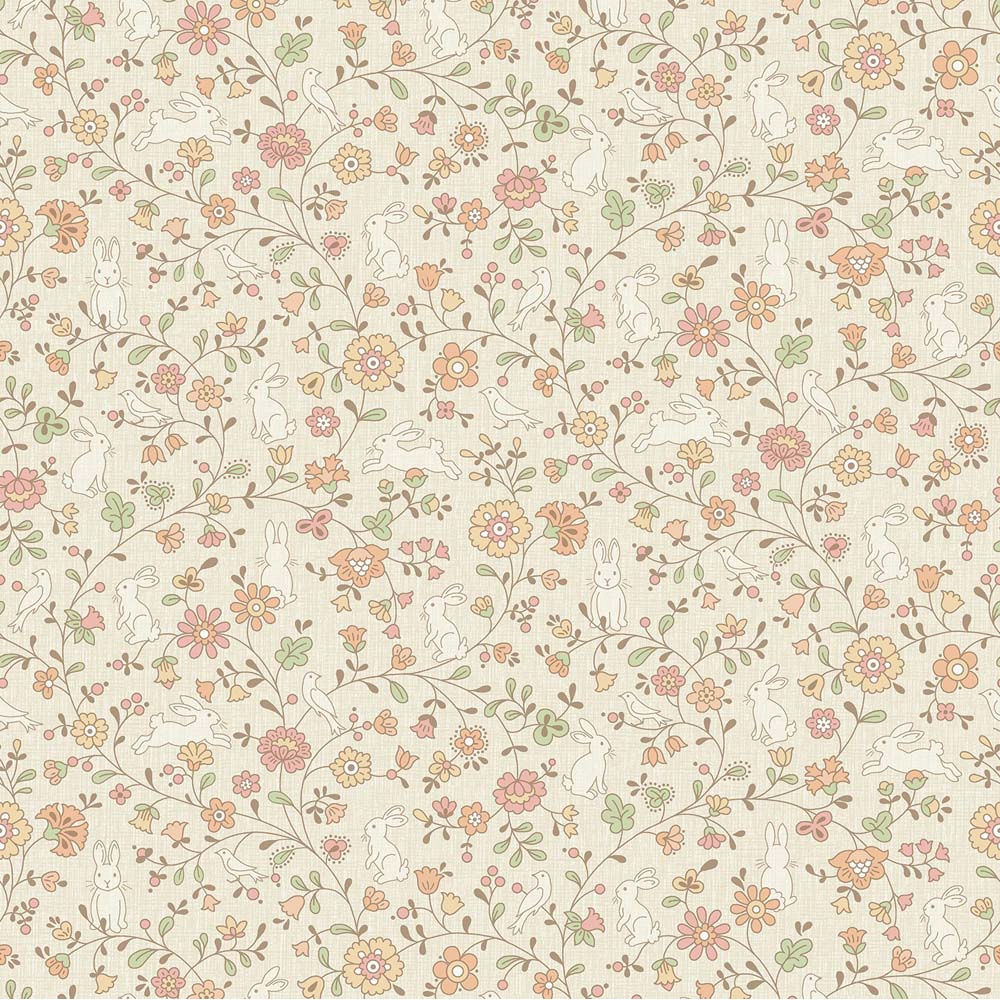 Grandeco Liberty Floral Bunny Trail Nursery Beige Textured Wallpaper Image 1