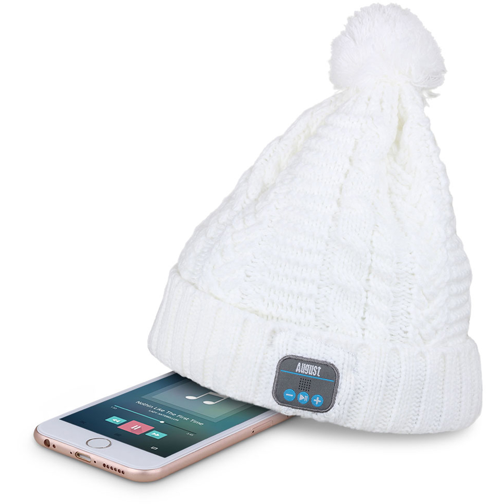 August EPA30W White Bobble Beanie Hat with Rechargeable Bluetooth Headphones and Mic Image 3