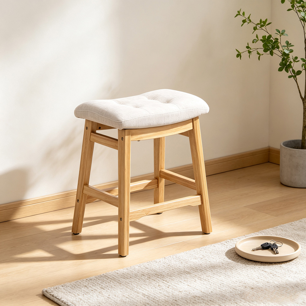 Living and Home Beige Chenille Wooden Base Bar Stool Set of 2 Image 8