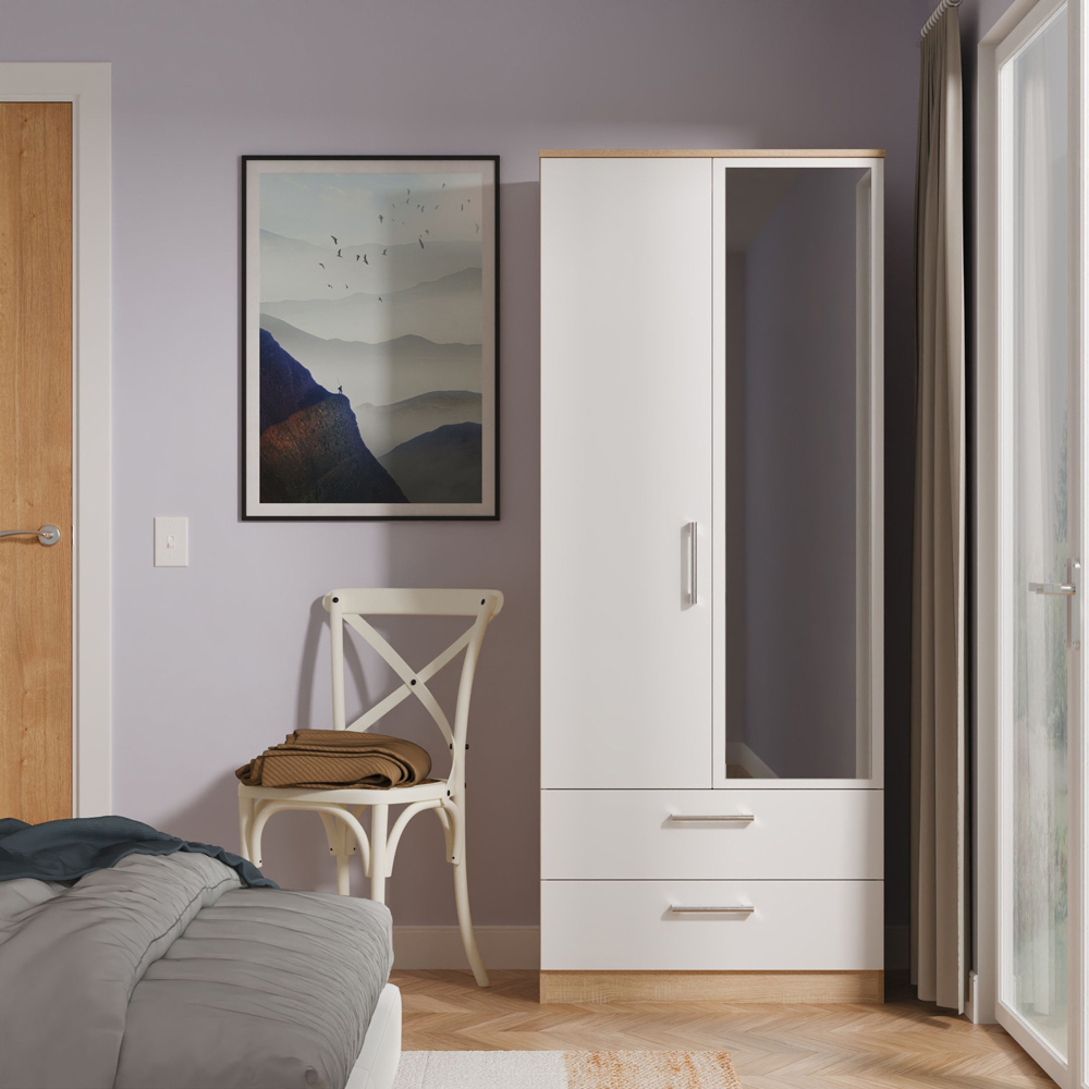 Crowndale Devon 2 Door 2 Drawer Matt White and Bardolino Oak Mirrored Wardrobe Ready Assembled Image 3