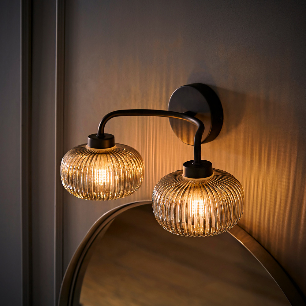 ValueLights Amaia Matt Black 2 Way Smoked Ribbed Glass LED Wall Light Image 6