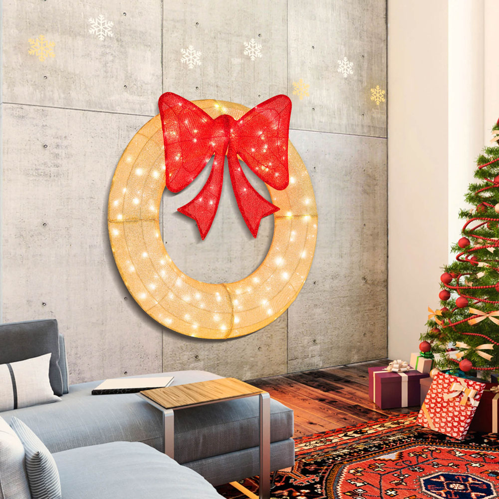 Costway 200 LED Pre-Lit Wreath with Red Bow Christmas Decoration Image 2