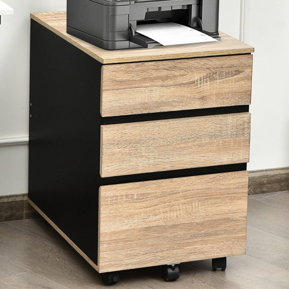 Costway 3 Drawer Natural and Black Vertical Mobile Filing Cabinet Image 1