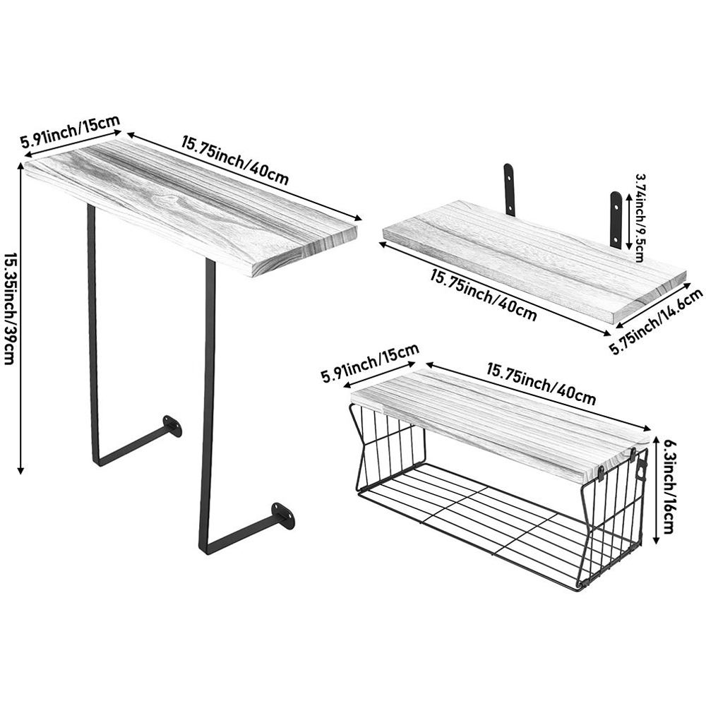 Living and Home 3 Piece White Floating Shelf with Wire Basket Image 8