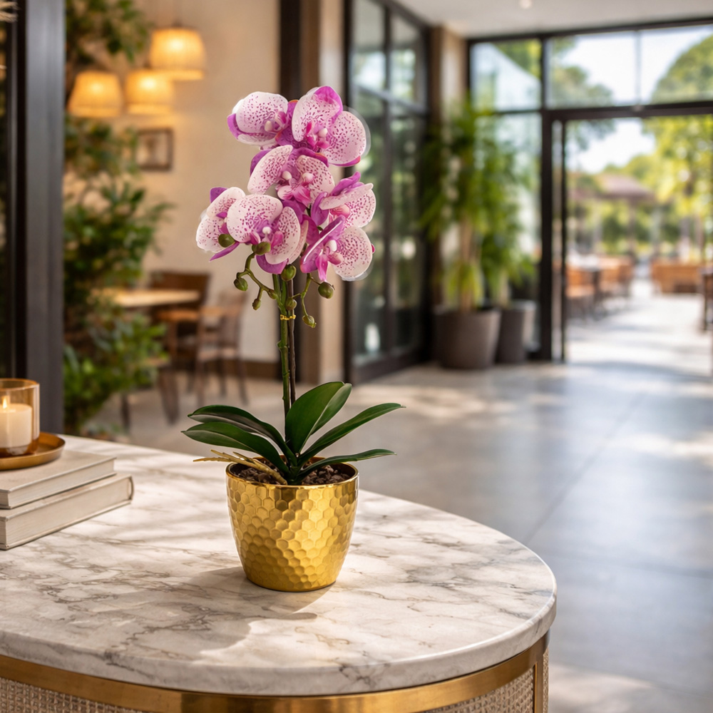 Leaf Purple and White Phalaenopsis Orchid Artificial Plant with Gold Pot 50cm Image 2