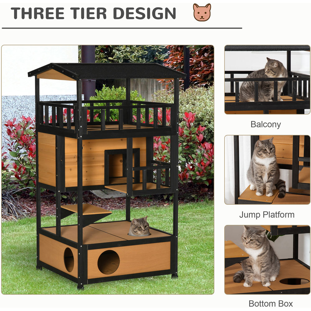 PawHut 3 Tier Yellow Wooden Outdoor Cat House with Roof Image 4