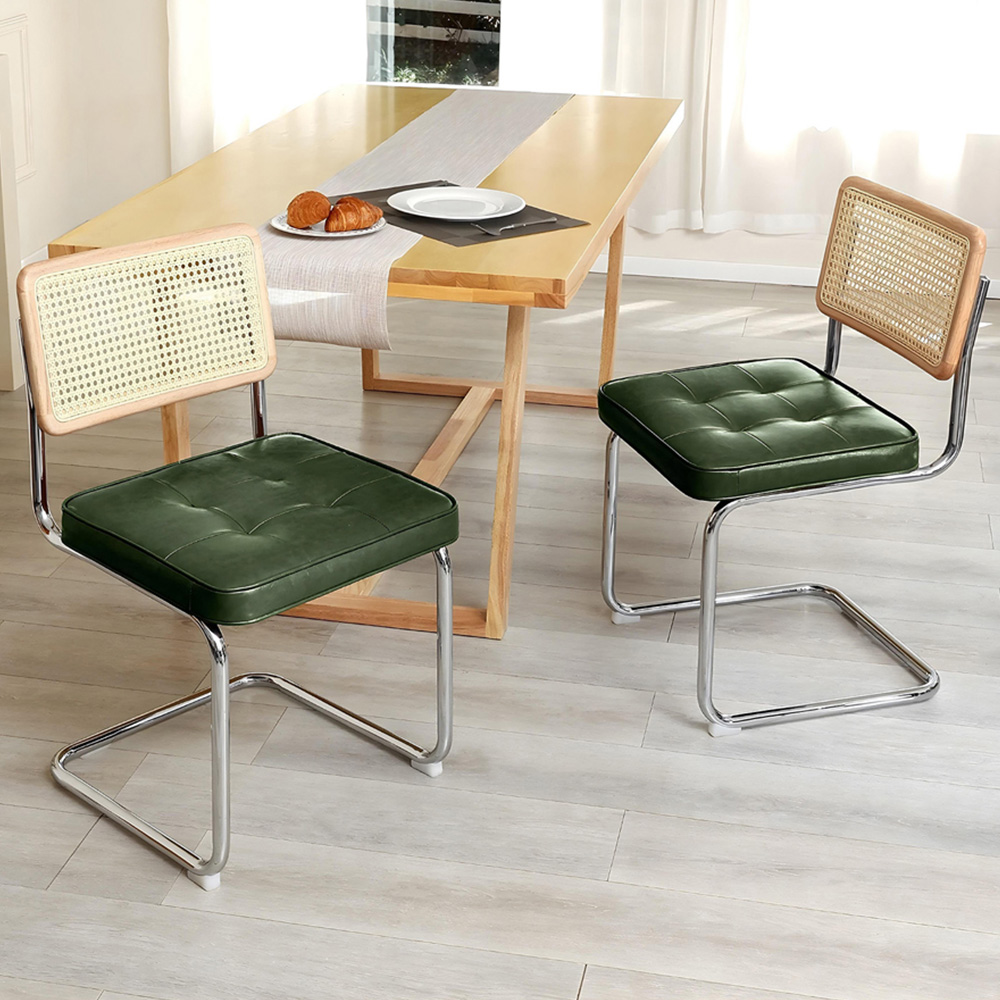 Living and Home Set of 2 Dark Green PU Leather Rattan Back Dining Chairs Image 1
