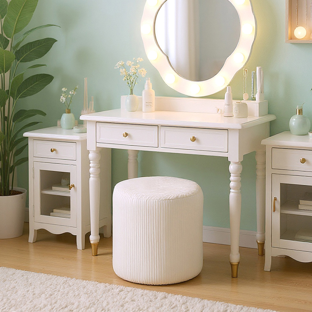 Living and Home Beige Corduroy Ribbed Upholstered Round Footstool Image 8