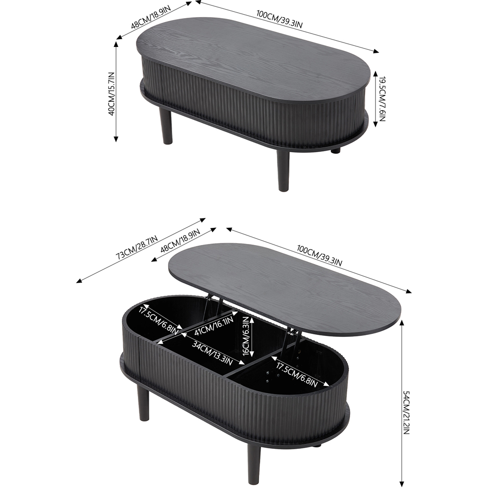 Living and Home Black Oval Lift-Top Coffee Table with Hidden Storage Image 9