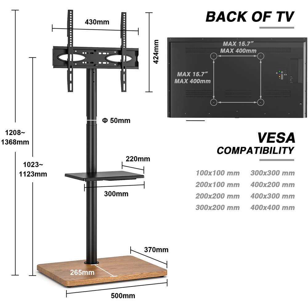 TTAP Black and Rectangular Oak Effect Base Single Shelf Floor Pedestal TV Stand Image 9