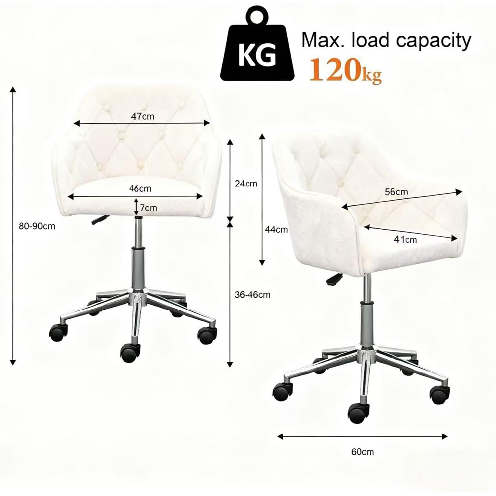 Alivio White Velvet Height Adjustable Swivel Tufted Office Chair with Wheels Image 9
