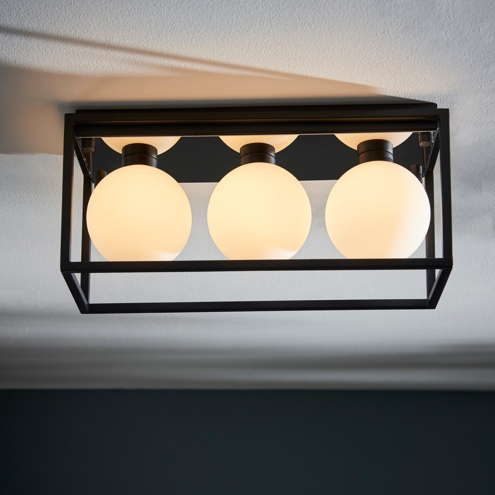 Merano Matera Matt Black and Matt Opal Glass Semi Flush Bathroom 3 Light Ceiling Light Image 2
