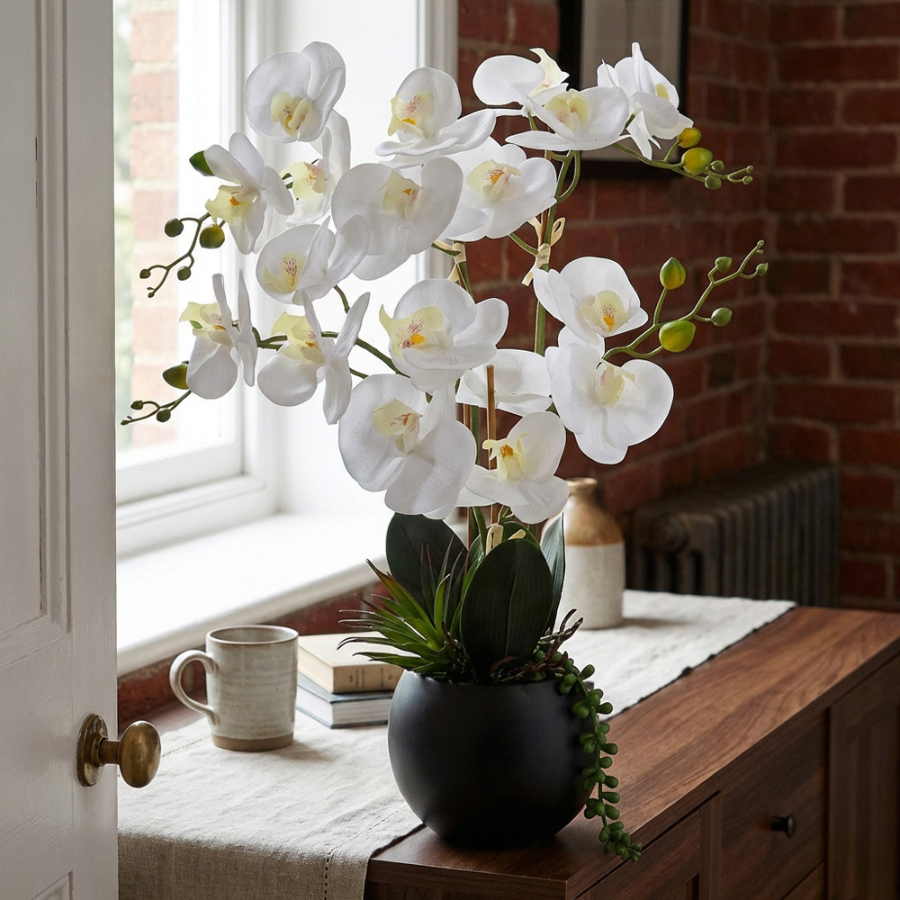 White Orchid in Pot with Succulent Artificial Plant Image 6