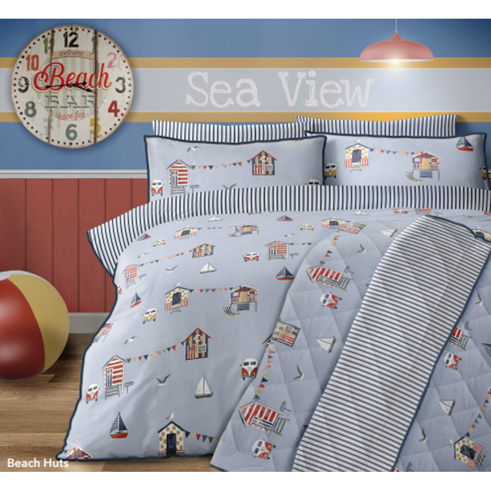 Bellissimo Home King Size Blue Beach Hut Piped Edge 200 Thread Count Duvet Cover Set Image 2