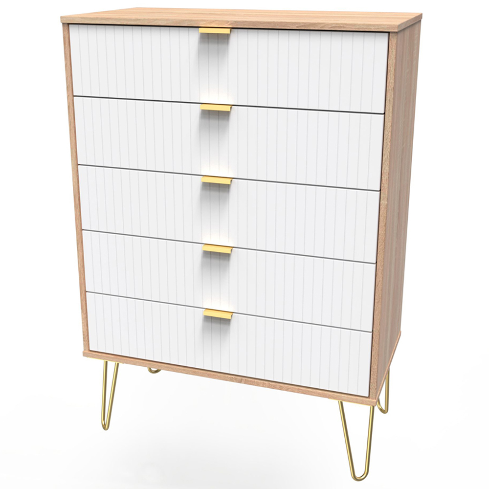 Crowndale 5 Drawer White Matt and Bardolino Oak Wide Chest of Drawers Ready Assembled Image 2
