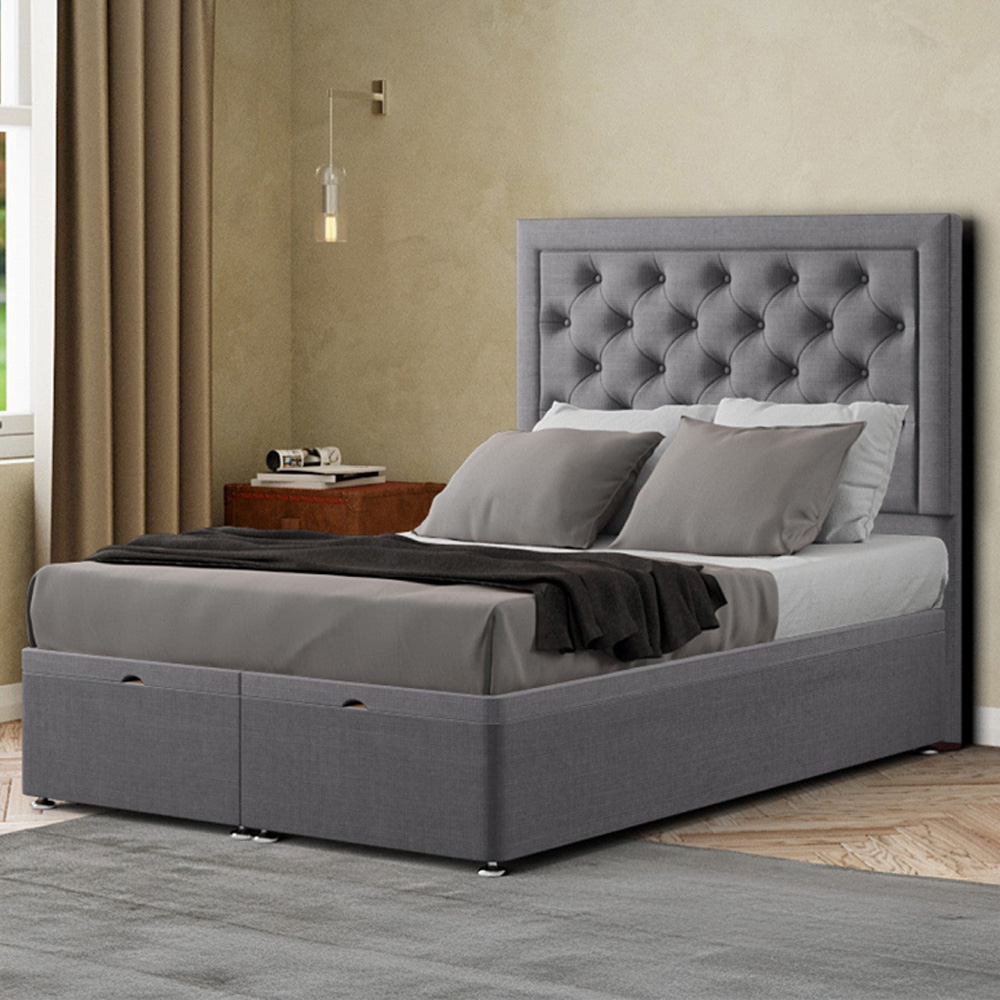 Eleganza Castle Small Double Grey Linen Ottoman Bed with Floor Standing Headboard Image 1