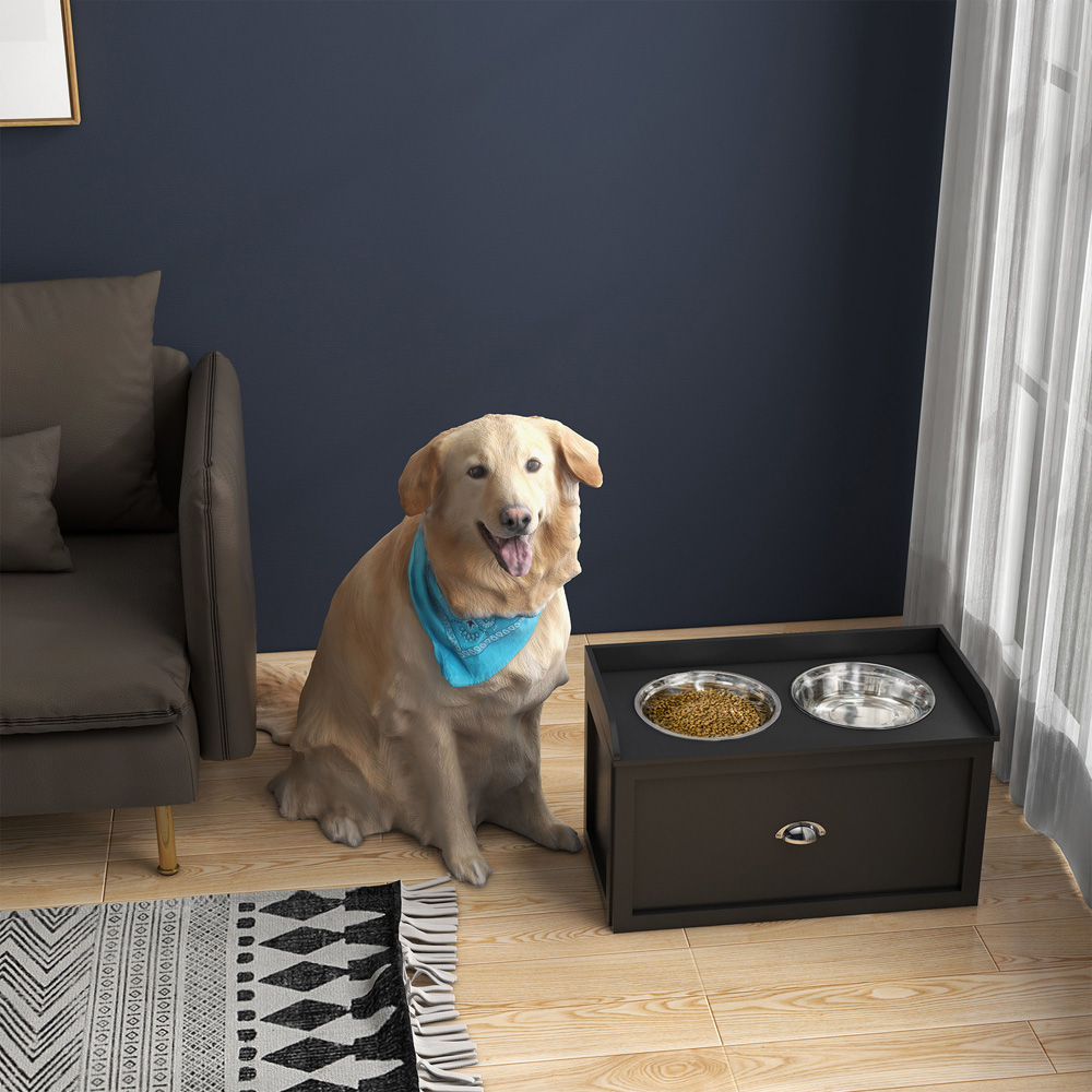 PawHut Black Stainless Steel Twin Bowl Raised Dog Feeder with Storage Image 2