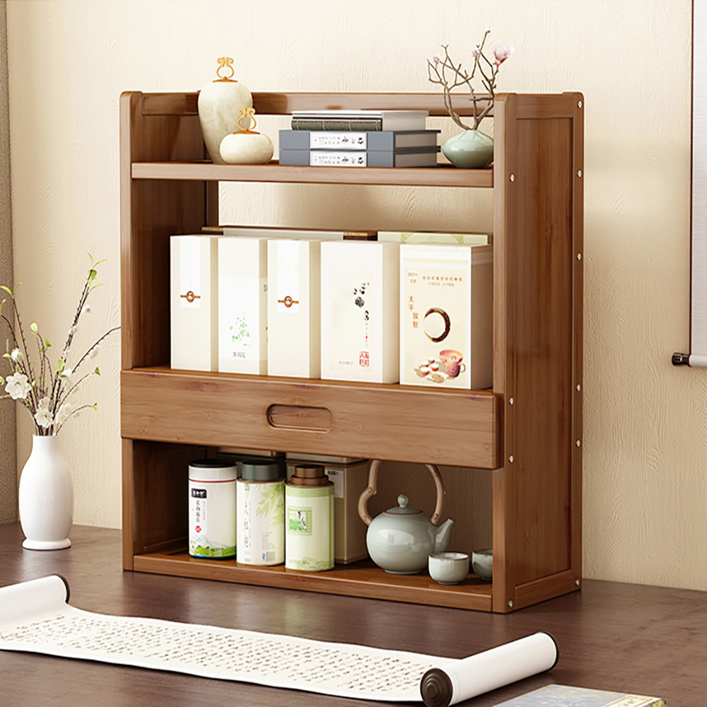 Living and Home Single Drawer 3 Shelf Brown Bamboo Desktop Bookshelf Image 7