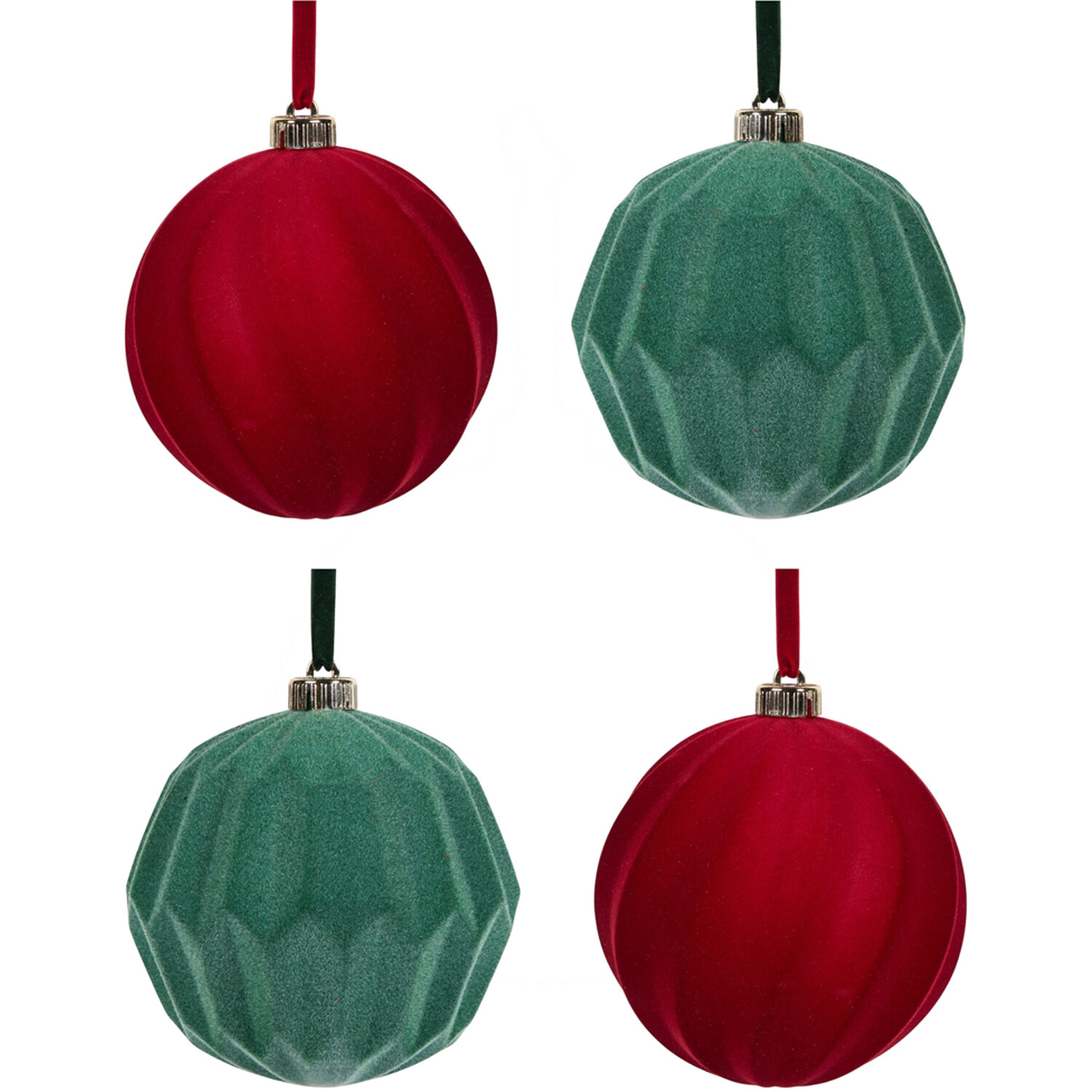 Pack of 4 Red and Green Flocked Baubles Image 1