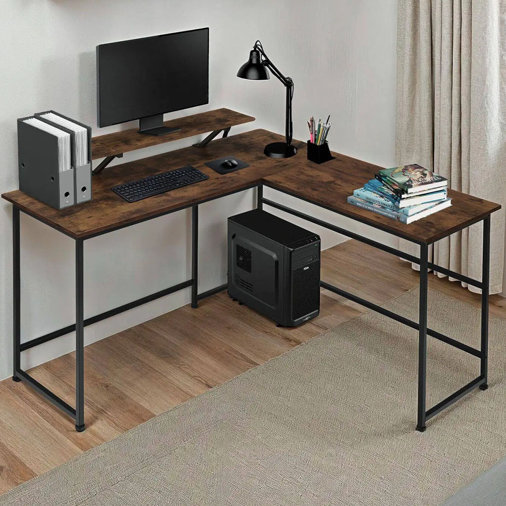 tectake Melrose Industrial Dark Wood Corner Office Desk Image 1