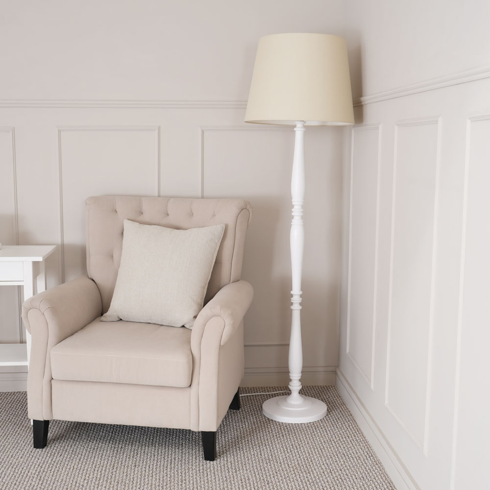 ValueLights Victoria Beige Fabric Tapered Shade White Wood Traditional Stem LED Floor Lamp Image 3