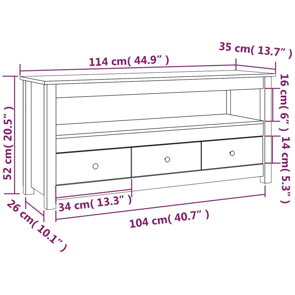 vidaXL 3 Drawer Single Shelf White Solid Pine Wood TV Cabinet Image 9