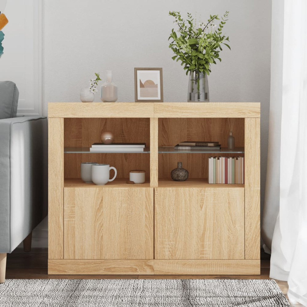 vidaXL Single Door 2 Shelf LED Sonoma Oak Side Cabinet Set of 2 Image 9