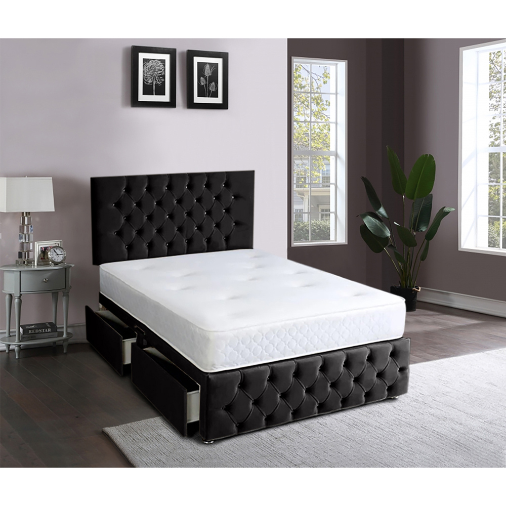Eleganza Home Serenova Small Double Black Plush Velvet 2 Drawer Divan Bed with Headboard Image 2