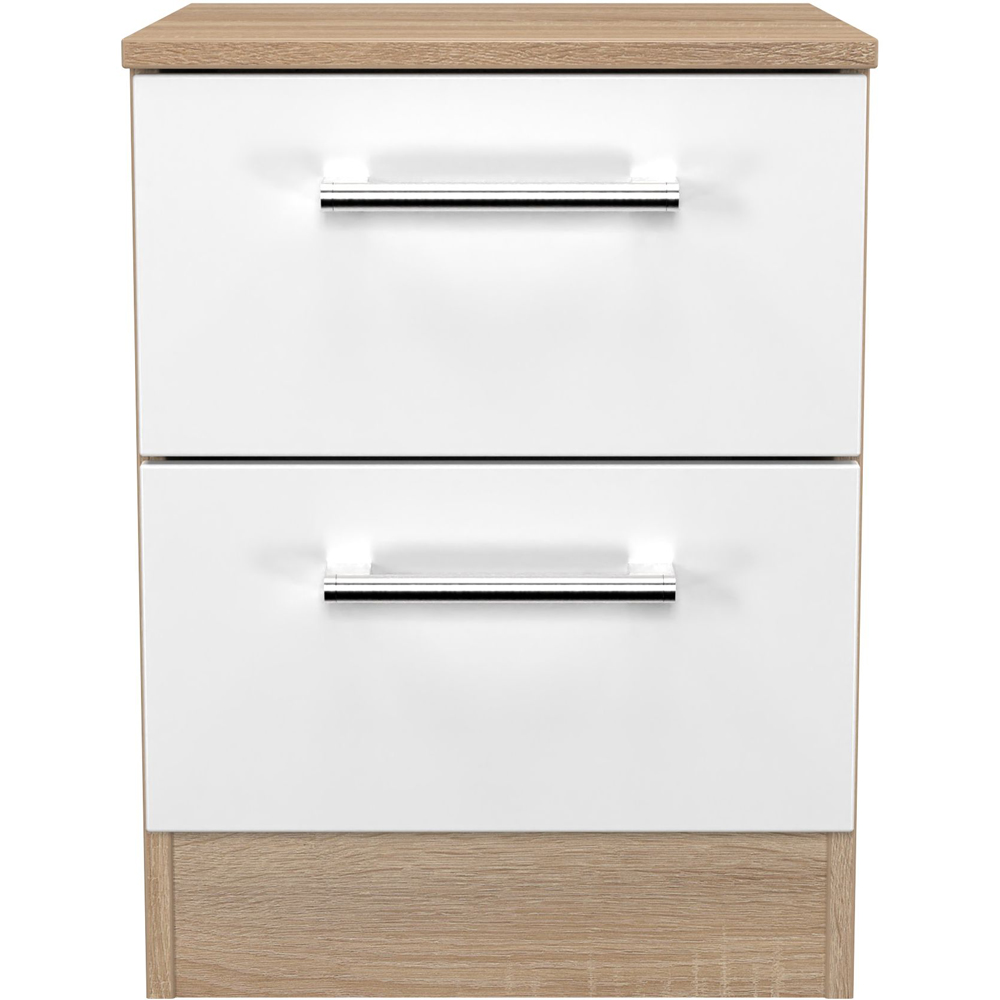 Crowndale Devon 2 Drawer Matt White and Bardolino Oak Compact Bedside Cabinet Ready Assembled Image 2