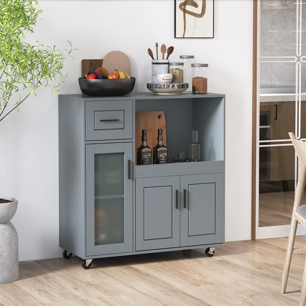 Costway 3 Door Single Drawer Single Shelf Grey Kitchen Island Trolley Image 2