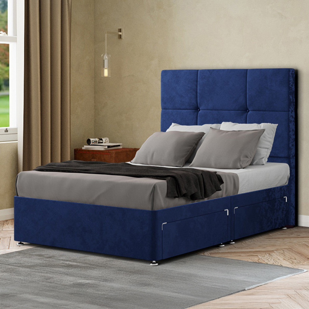 Portland Jacob Super King Navy Plush Divan Bed Frame with 2 Drawers and Headboard Image 1