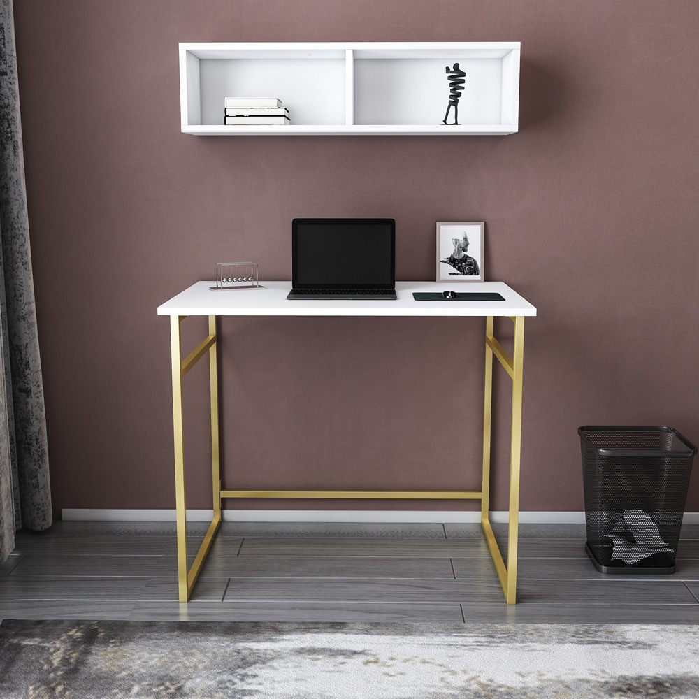 Decorotika Hussum Computer Desk with 2 Section Wall Shelf Gold and White Image 5