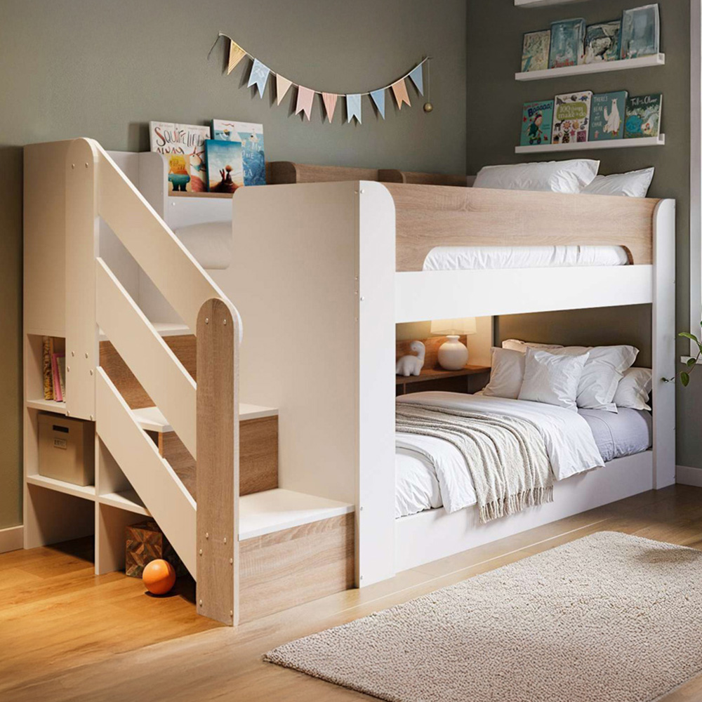 Flair Zeno White and Oak Low Bunk Bed with Staircase and Storage Image 1