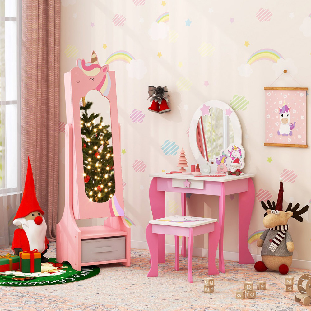 Costway Pink Kids Jewellery Armoire Cabinet Full Length Mirror with Tilt Angles Image 4