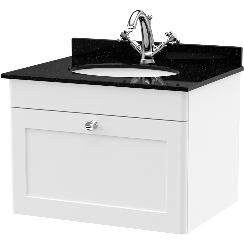 nuie Classique Single Drawer Satin White and Black Wall Hung Unit and 1 Tap Hole Marble Basin 600mm Image 1