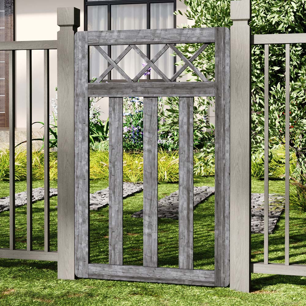 Outdoor Cross Top Wooden Grey Garden Fence Door, 120 x 76 x 2.5cm Image 2