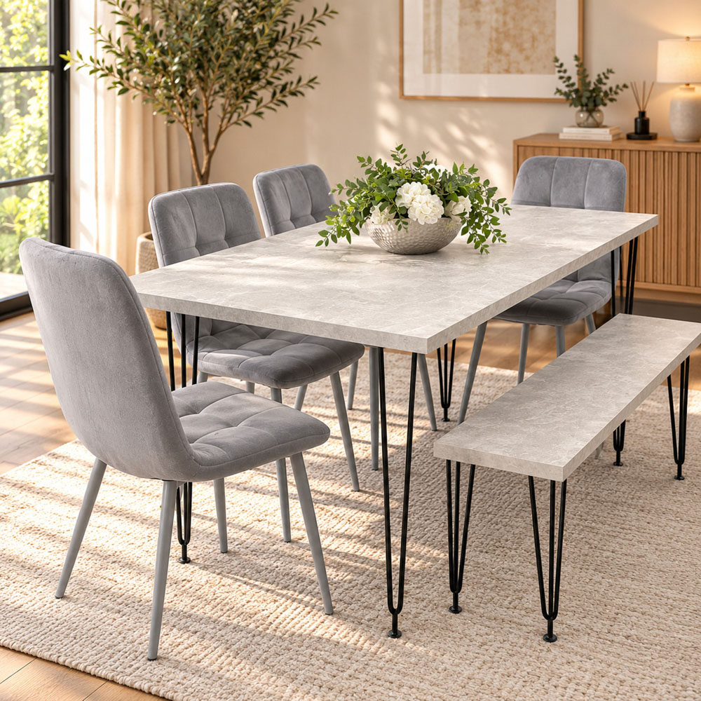 Kosy Koala 6 Seater Grey Velvet Dining Table Set Image 1