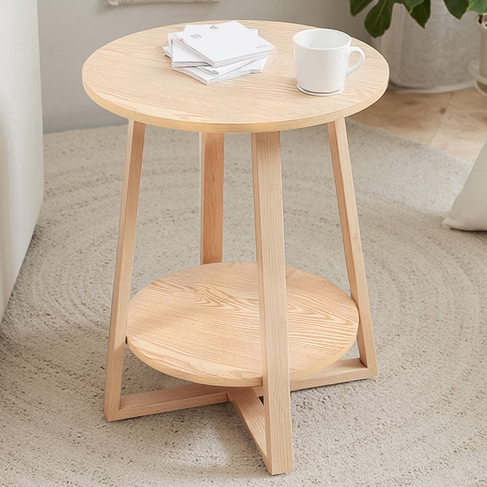 Living and Home 2-Tier Natural Round Solid Wood Coffee Side Table Image 1