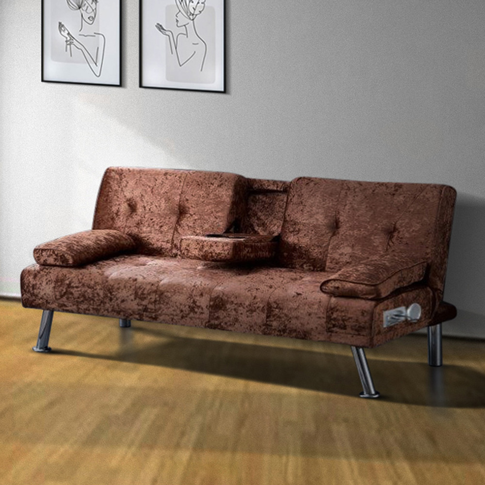 Brooklyn Verona Double Brown Crush Velvet Sofa Bed with Bluetooth Image 1