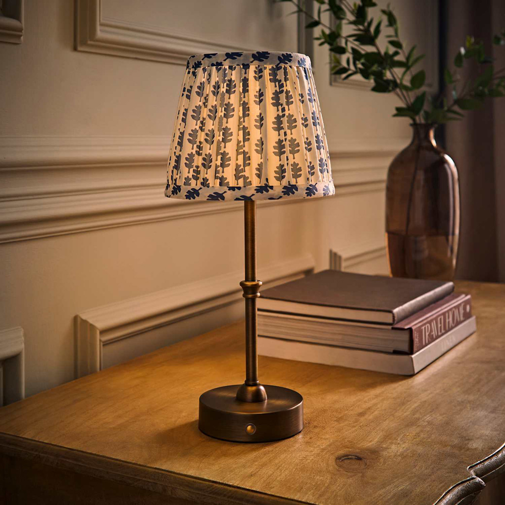 ValueLights Lowe Blue Ditsy Floral Pleated Shade Brass Rechargeable Table Lamp with Bulb Image 2