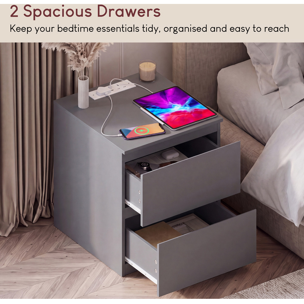 VIDA DESIGNS Denver 2 Drawer Grey Large Bedside Chest with Power Outlet Set of 2 Image 5