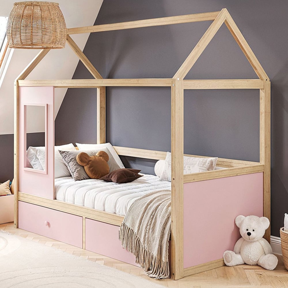 Flair Ted Pink Wooden Play House Bed Frame with Storage Image 1
