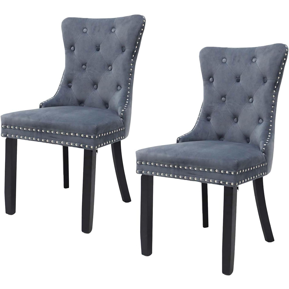 Alivio Set of 2 Grey Velvet Nailhead Trim Tufted Dining Chairs Image 2
