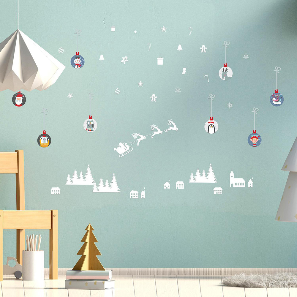Walplus Christmas Bubbles and Village Scene Self Adhesive Wall Stickers 56 Piece Image 2