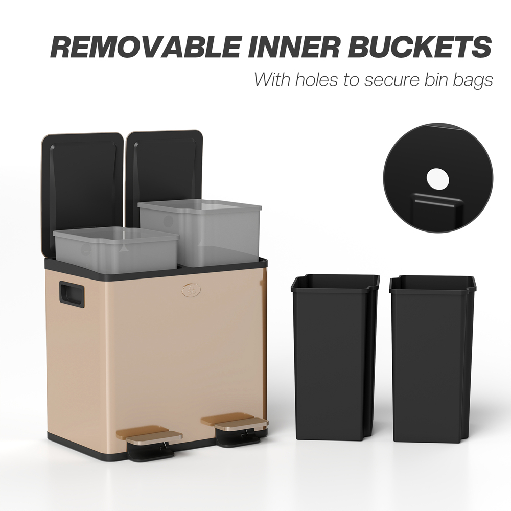HOMCOM Gold Tone Stainless Steel Double Pedal Bin with Soft-Close Lid 30L Image 7