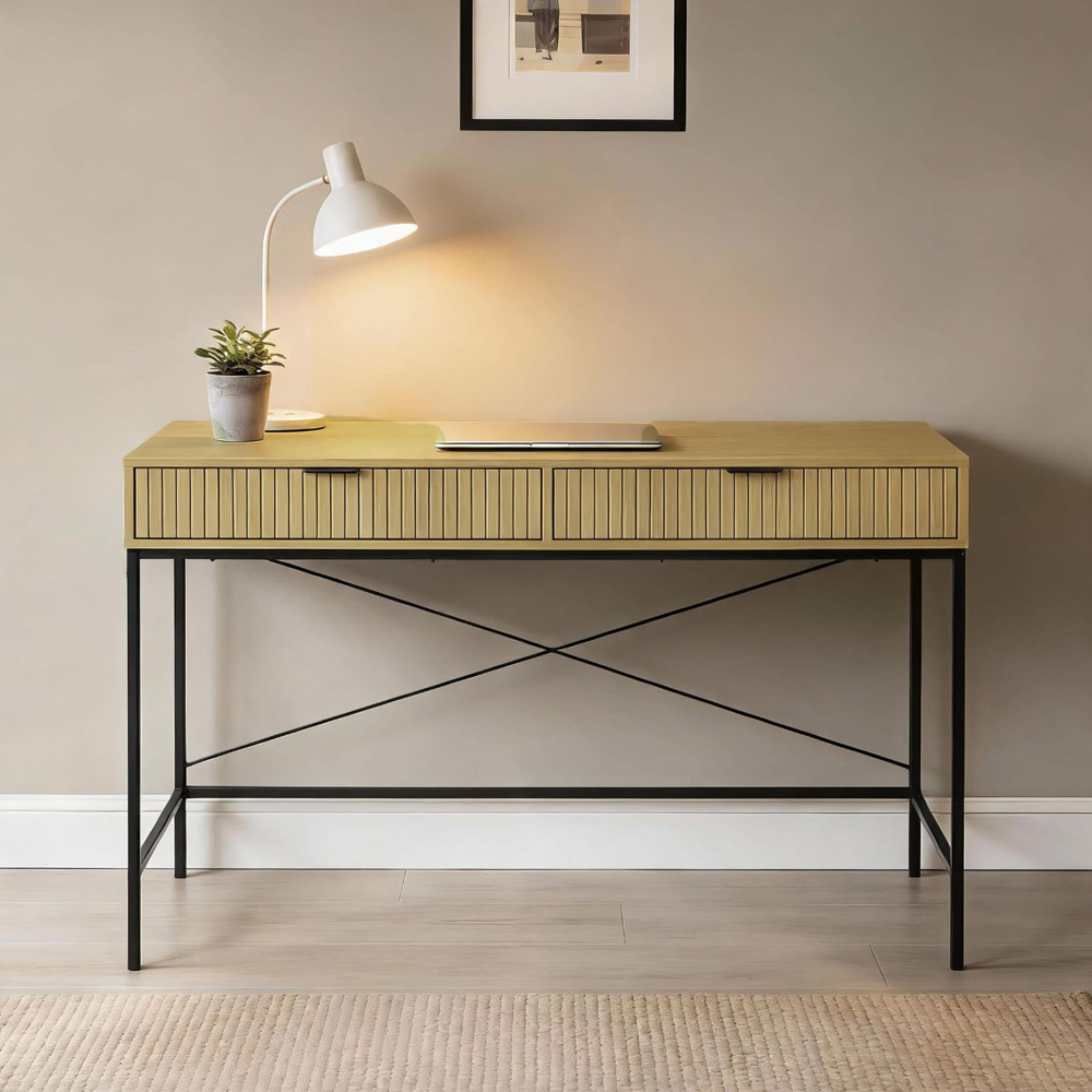 Home Source Wisbech 2 Drawer Oak Effect and Black Desk Image 7