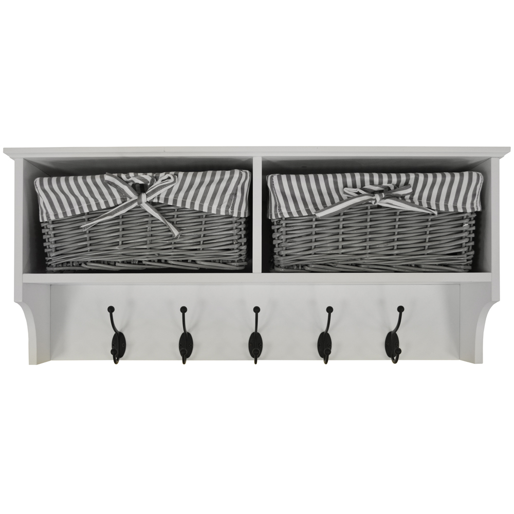Watsons Hallway White and Grey Wall Storage Shelf with 2 Baskets and 5 Coat Hooks Image 3