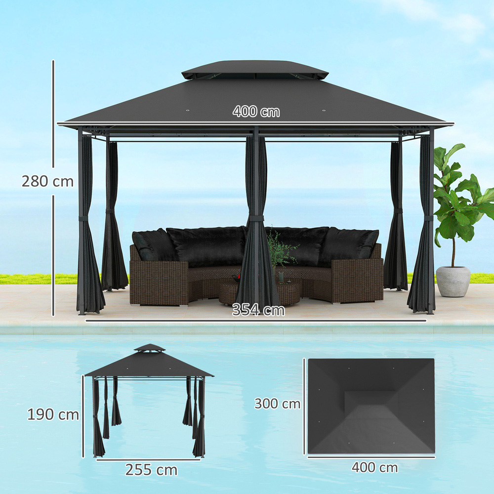 Outsunny 4 x 3m 2 Tier Black Steel Frame Garden Gazebo with Curtains Image 9